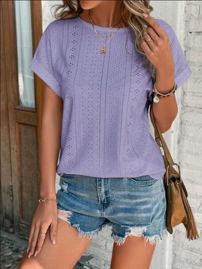 Blue Zone Planet | Eyelet Round Neck Short Sleeve T-Shirt BLUE ZONE PLANET