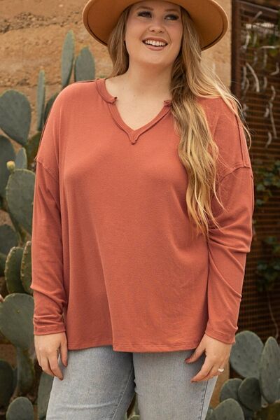 Plus Size Notched Long Sleeve T-Shirt BLUE ZONE PLANET