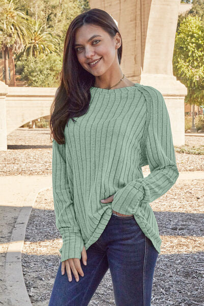 Basic Bae Full Size Ribbed Round Neck Long Sleeve Knit Top BLUE ZONE PLANET
