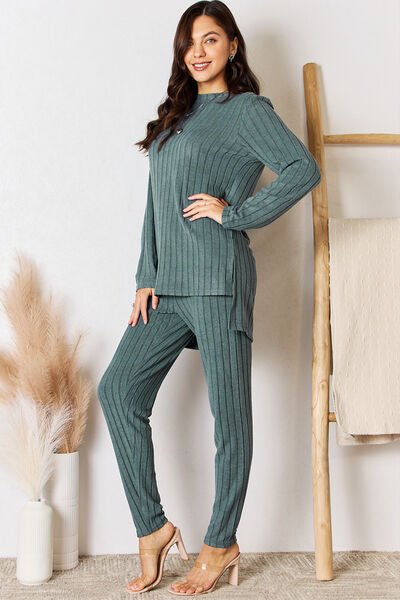 Blue Zone Planet | Basic Bae Full Size Ribbed Round Neck High-Low Slit Top and Pants Set BLUE ZONE PLANET