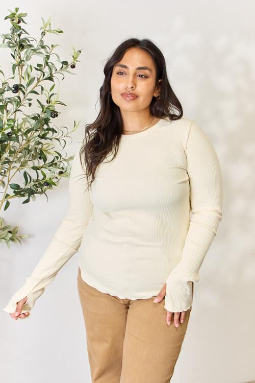 Culture Code Full Size Ribbed Round Neck Long Sleeve Top BLUE ZONE PLANET