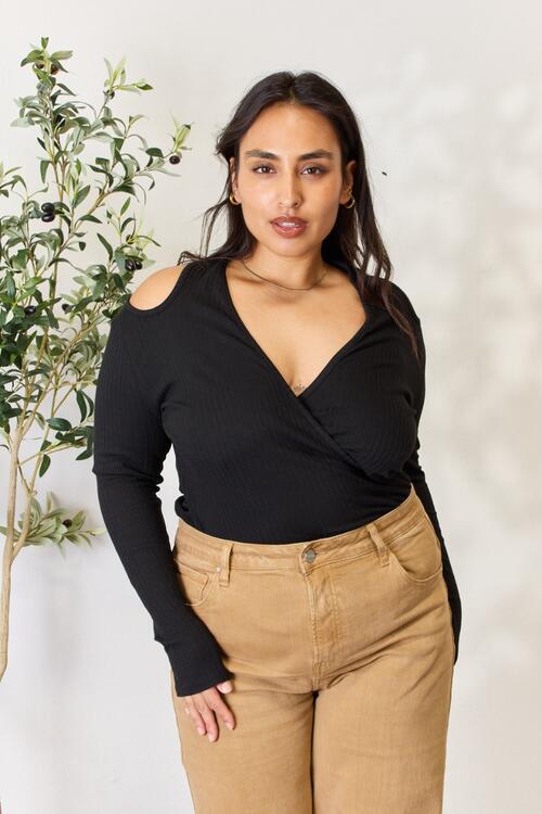 Culture Code Full Size Ribbed Surplice Cold Shoulder Top BLUE ZONE PLANET