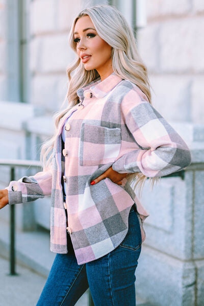 Blue Zone Planet | Plaid Button Up Dropped Shoulder Jacket BLUE ZONE PLANET