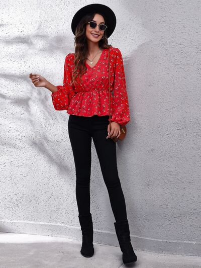 Floral V-Neck Balloon Sleeve Peplum Blouse BLUE ZONE PLANET