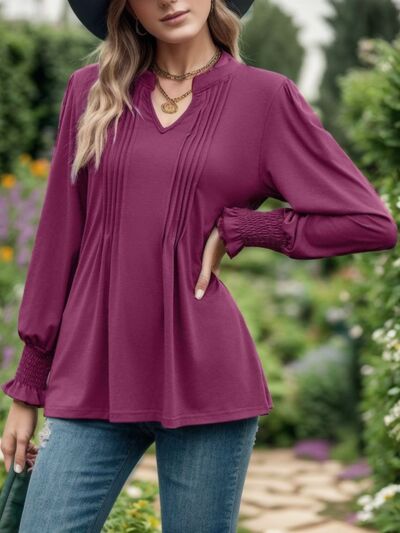 Blue Zone Planet | Notched Smocked Flounce Sleeve Blouse BLUE ZONE PLANET