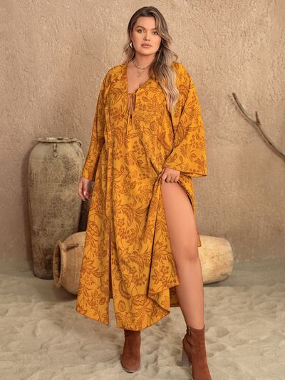 Blue Zone Planet | Plus Size Printed Slit Long Sleeve Dress BLUE ZONE PLANET