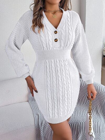 Buttoned Cable-Knit V-Neck Sweater Dress BLUE ZONE PLANET