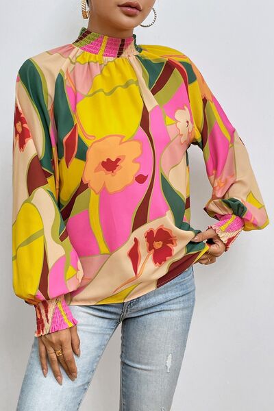 Blue Zone Planet | Floral Smocked Lantern Sleeve Mock Neck Blouse BLUE ZONE PLANET