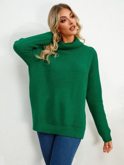 Slit Turtleneck Dropped Shoulder Sweater Trendsi