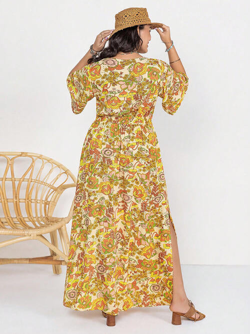 Floral V-Neck Short Sleeve Slit Dress BLUE ZONE PLANET
