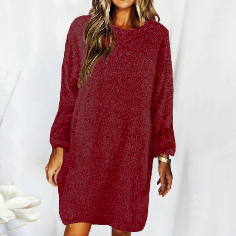 Blue Zone Planet | Autumn Winter Loose Long Sleeved Plush Dress kakaclo