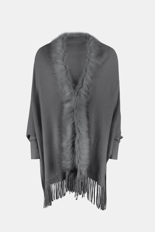 Fringe Open Front Long Sleeve Poncho BLUE ZONE PLANET