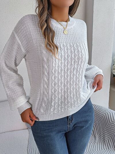 Blue Zone Planet | Cable-Knit Round Neck Long Sleeve Sweater BLUE ZONE PLANET