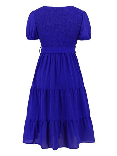 Blue Zone Planet | Smocked Tie Front Short Sleeve Tiered Dress BLUE ZONE PLANET