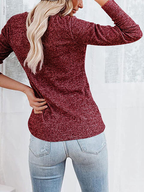 Round Neck Buttoned Long Sleeve T-Shirt BLUE ZONE PLANET