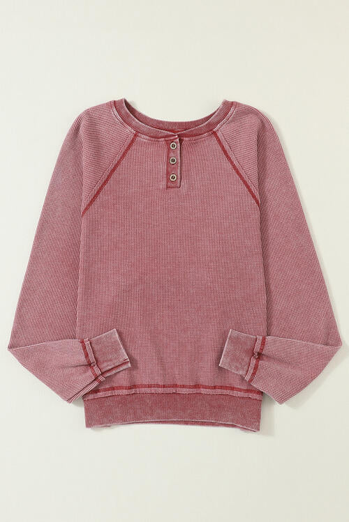 Waffle Knit Raglan Sleeve Henley Sweatshirt BLUE ZONE PLANET