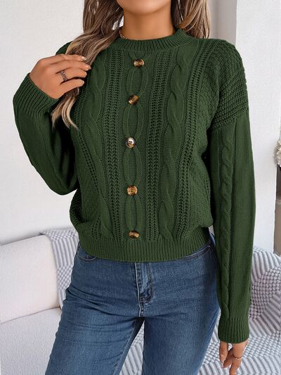 Blue Zone Planet | Cable-Knit Buttoned Round Neck Sweater BLUE ZONE PLANET