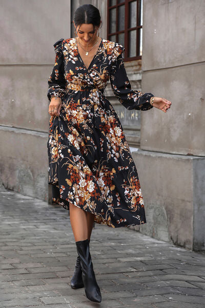 Floral Surplice Tie Front Ruffle Hem Midi Dress BLUE ZONE PLANET