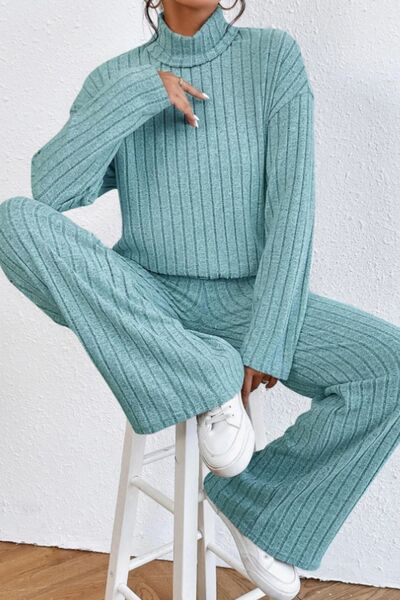 Blue Zone Planet | Mock Neck Dropped Shoulder Top and Pants Set BLUE ZONE PLANET