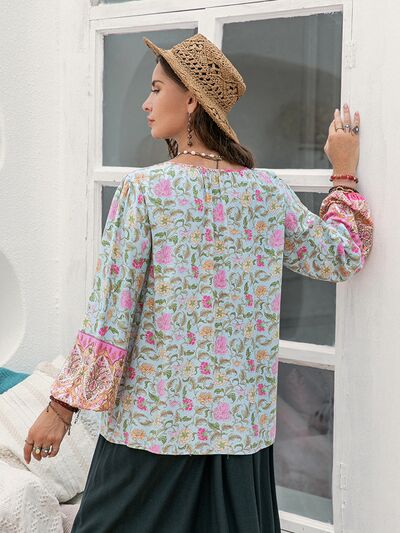 Blue Zone Planet | Plus Size Tie Neck Tassel Printed Blouse BLUE ZONE PLANET