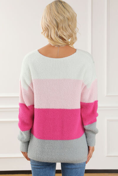 Blue Zone Planet | Color Block V-Neck Dropped Shoulder Sweater BLUE ZONE PLANET