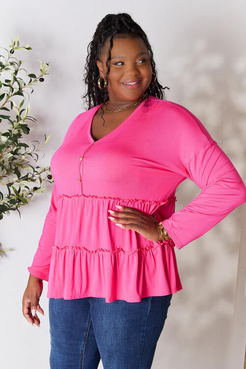Double Take Half Button Long Sleeve Ruffle Hem Blouse BLUE ZONE PLANET
