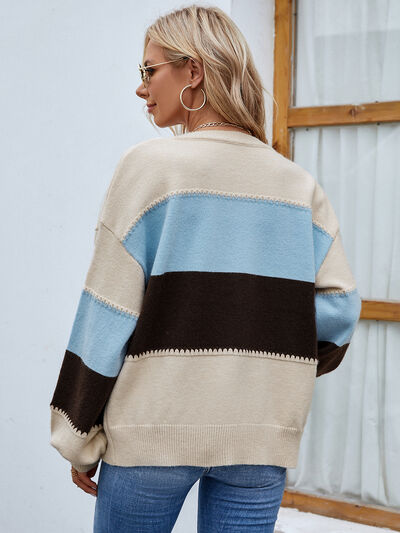 Blue Zone Planet | Color Block Button Up Lantern Sleeve Cardigan BLUE ZONE PLANET