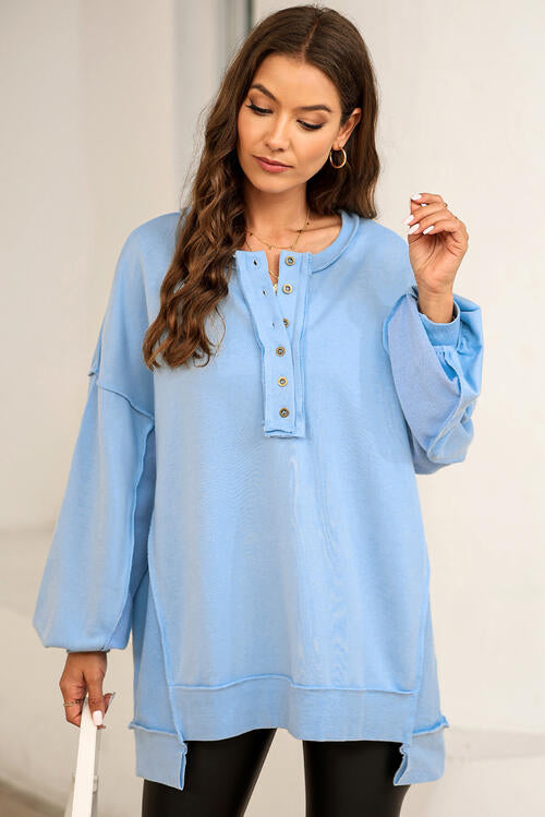 Buttoned Dropped Shoulder Sweatshirt BLUE ZONE PLANET
