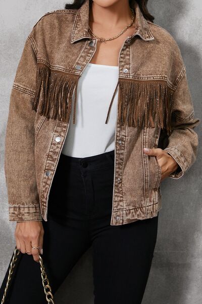Fringe Trim Snap Down Denim Jacket BLUE ZONE PLANET