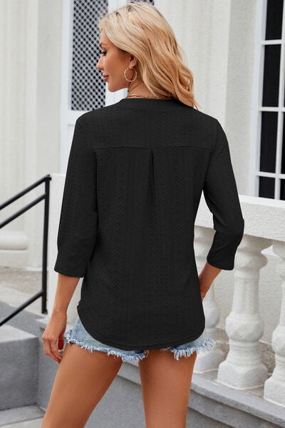 Blue Zone Planet | Eyelet Notched Knit Jacquard Top BLUE ZONE PLANET