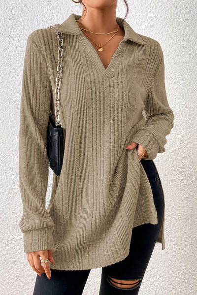 Blue Zone Planet | Slit Johnny Collar Long Sleeve Sweater BLUE ZONE PLANET