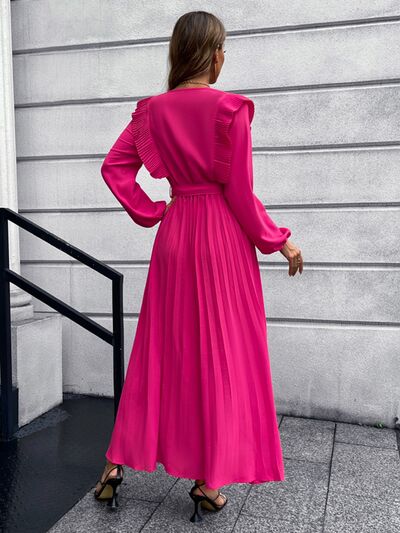 Blue Zone Planet | Pleated Surplice Tie Waist Maxi Dress BLUE ZONE PLANET