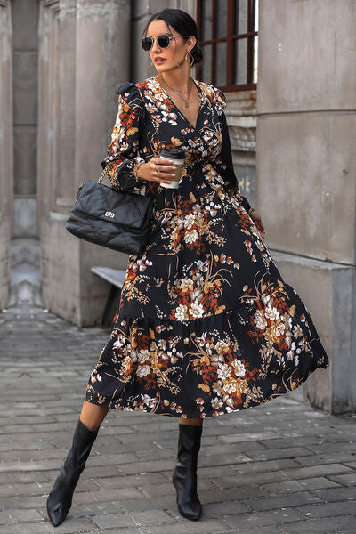 Floral Surplice Tie Front Ruffle Hem Midi Dress BLUE ZONE PLANET