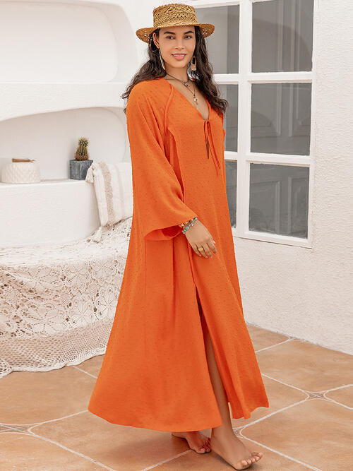 Plus Size Tie Neck Long Sleeve Slit Dress BLUE ZONE PLANET
