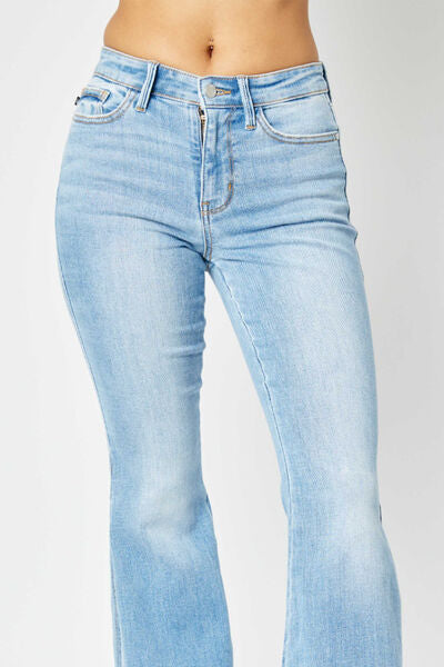 Blue Zone Planet |  Judy Blue Full Size Mid Rise Raw Hem Slit Flare Jeans BLUE ZONE PLANET