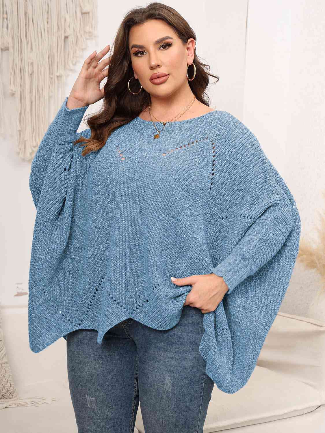 Plus Size Round Neck Batwing Sleeve Sweater BLUE ZONE PLANET