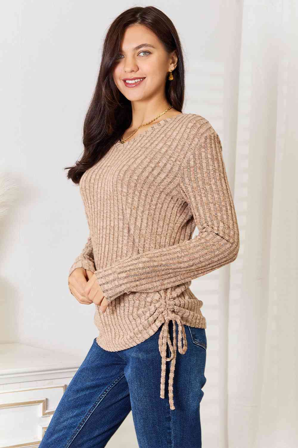 Double Take Drawstring Ribbed Long Sleeve T-Shirt BLUE ZONE PLANET