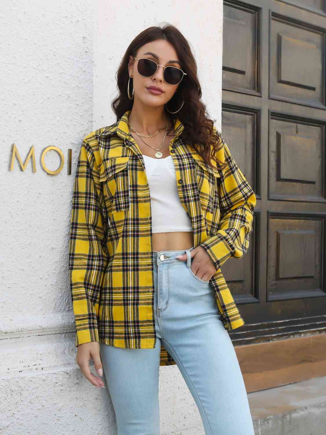 Plaid Collared Neck Buttoned Shirt with Pockets BLUE ZONE PLANET