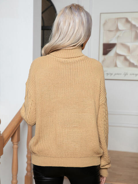 Turtleneck Cable-Knit Long Sleeve Sweater BLUE ZONE PLANET
