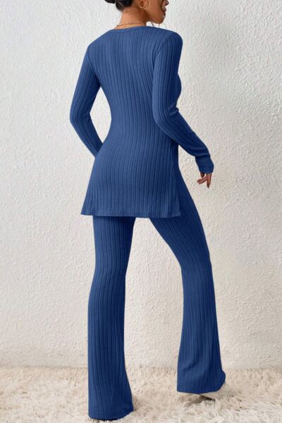Blue Zone Planet | Ribbed Long Sleeve Slit Top and Bootcut Pants Set BLUE ZONE PLANET