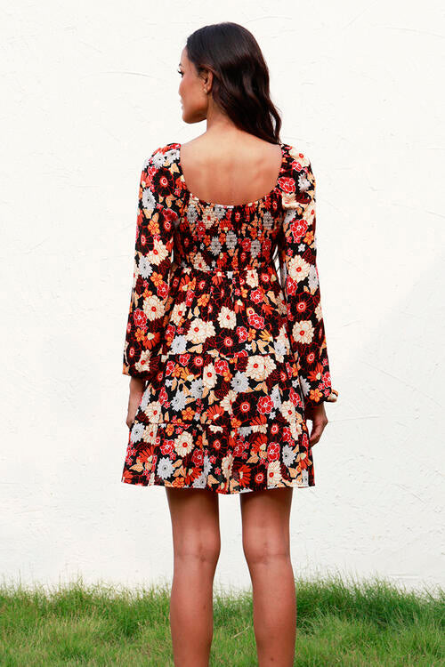 Floral Smocked Balloon Sleeve Tiered Dress BLUE ZONE PLANET
