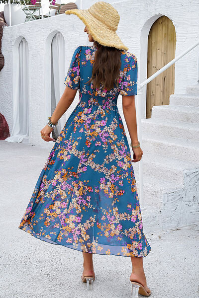 Blue Zone Planet | Smocked Floral V-Neck Short Sleeve Dress BLUE ZONE PLANET