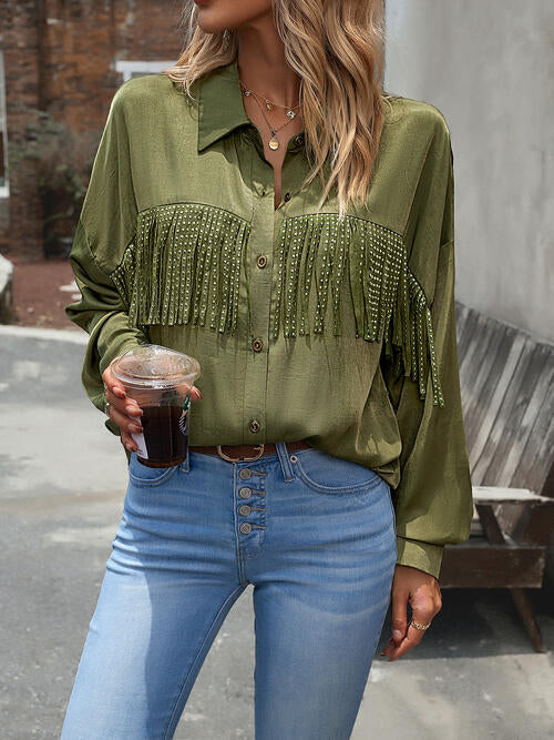 Buttoned Tassel Collared Neck Shirt BLUE ZONE PLANET