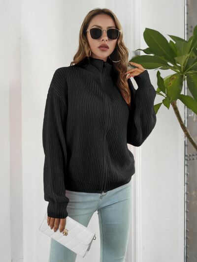 Turtleneck Zip Up Long Sleeve Knit Top BLUE ZONE PLANET