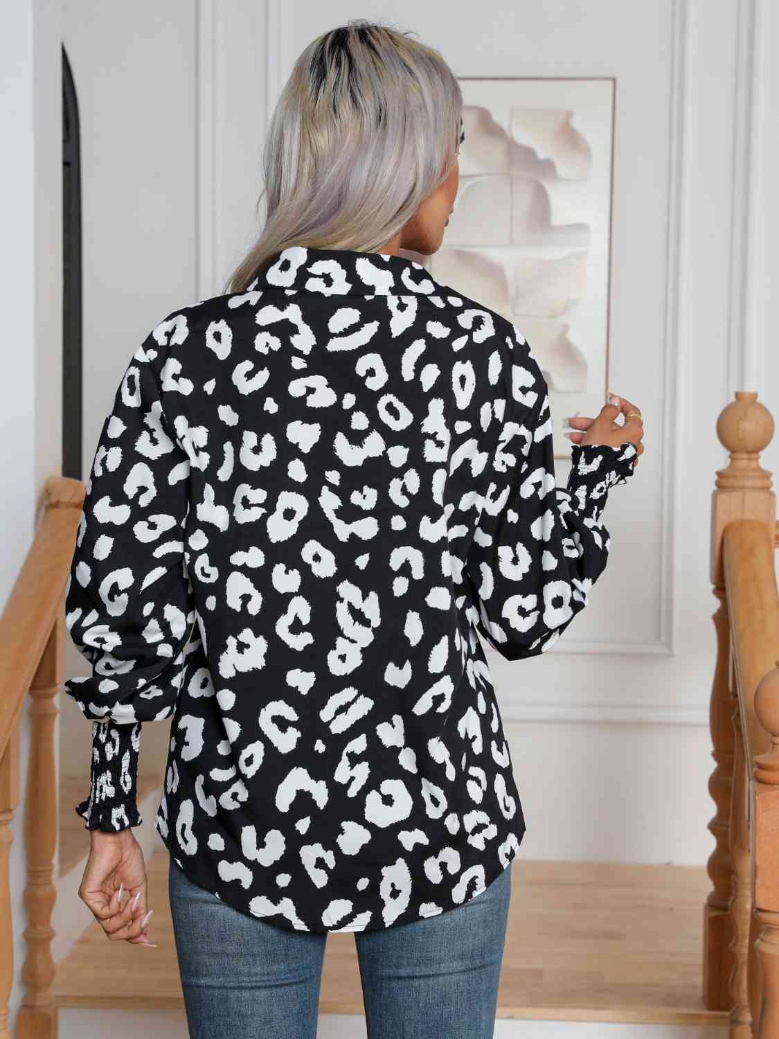 Printed Collared Neck Buttoned Lantern Sleeve Shirt BLUE ZONE PLANET