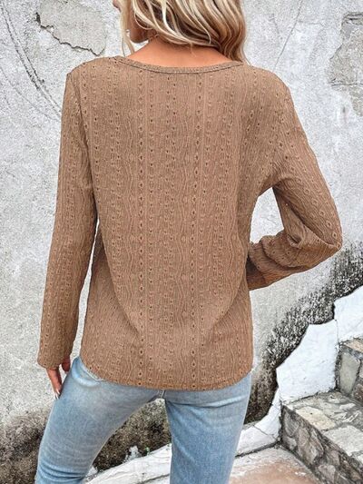 Blue Zone Planet | Openwork Half Button Long Sleeve Blouse BLUE ZONE PLANET