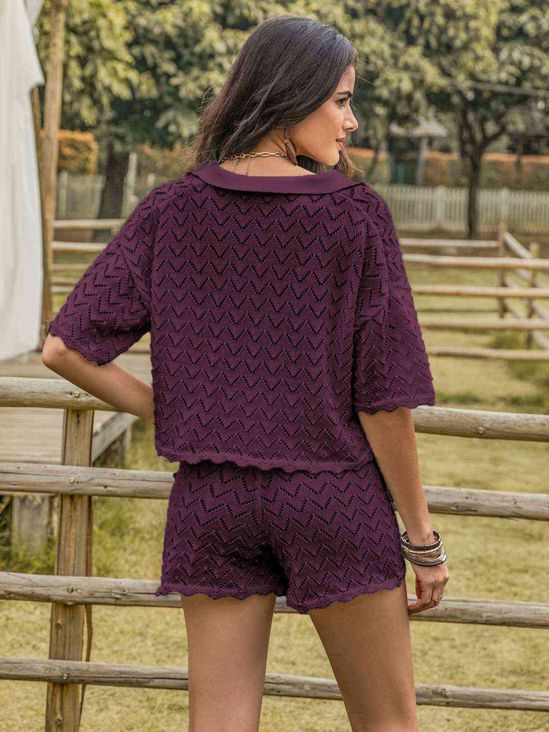 Eyelet Collared Neck Short Sleeve Top and Shorts Set BLUE ZONE PLANET