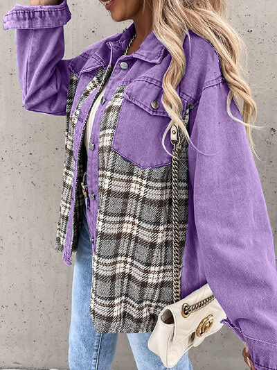 Plaid Button Up Dropped Shoulder Jacket BLUE ZONE PLANET