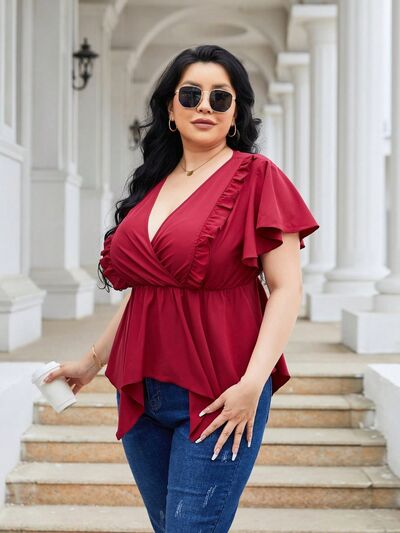 Plus Size Frill Surplice Flutter Sleeve Blouse BLUE ZONE PLANET