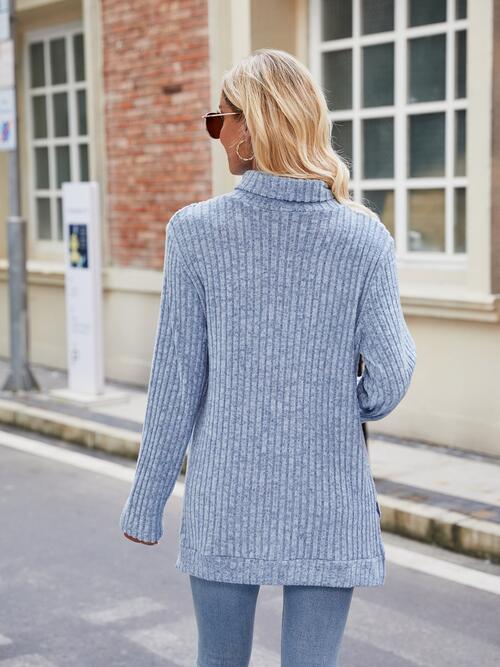 Ribbed Turtleneck Long Sleeve Slit Knit Top BLUE ZONE PLANET
